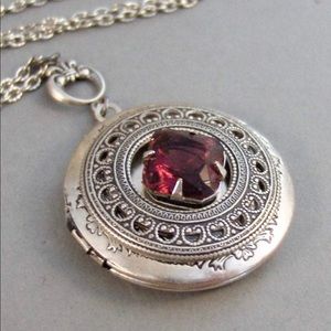 Garnet Locket Silver Antique Birthstone January Vintage Necklace Red Pendant